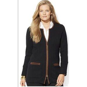 LRL Ralph Lauren Cardigan Women 1X Full Zip Cotton Sweater Black Knit Brown Trim